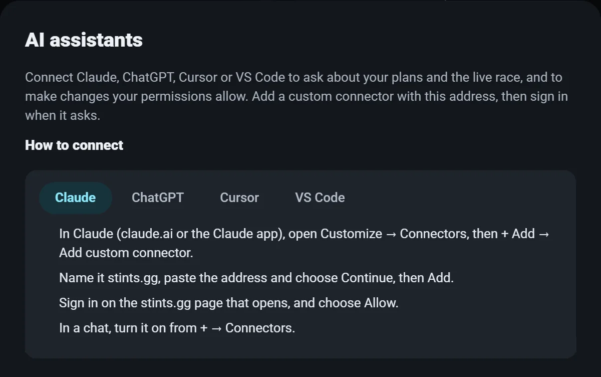 AI assistants, How to connect: steps for Claude, with tabs for ChatGPT, Cursor and VS Code.