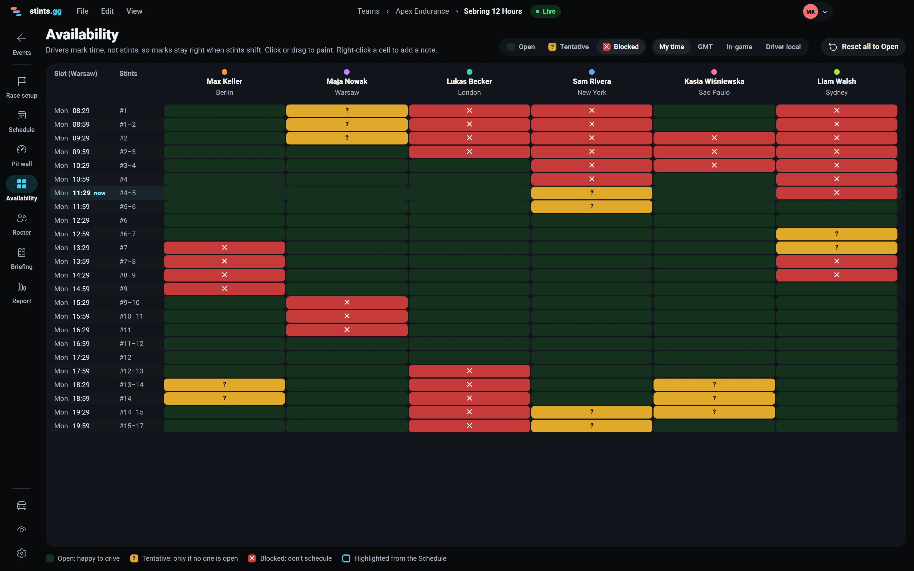 The Availability grid: six drivers in six timezones, half-hour slots marked Open, Tentative or Blocked, and the stint in each slot.