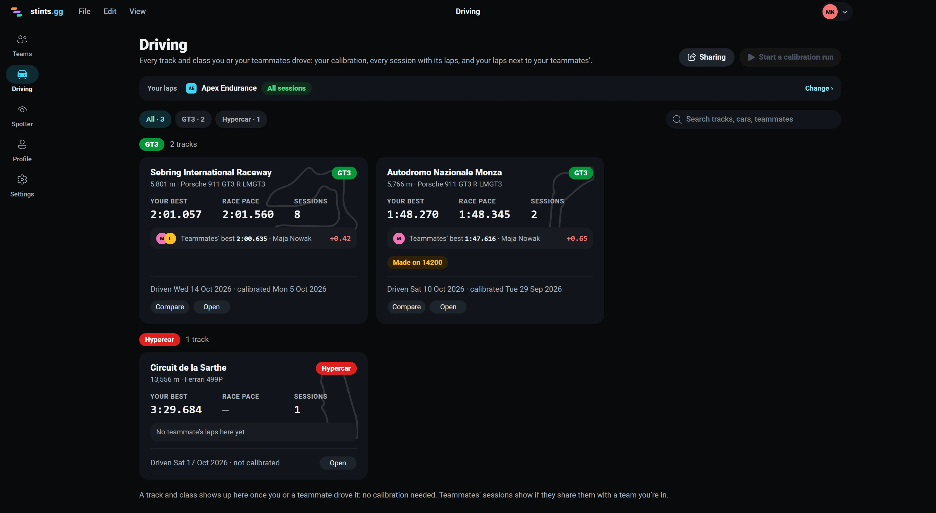 The Driving page: Sebring and Monza in GT3 and Le Mans in a Hypercar, a card per track and car class with the track's shape, your best, race pace, session count and the teammates' best, filtered by class, with a search.