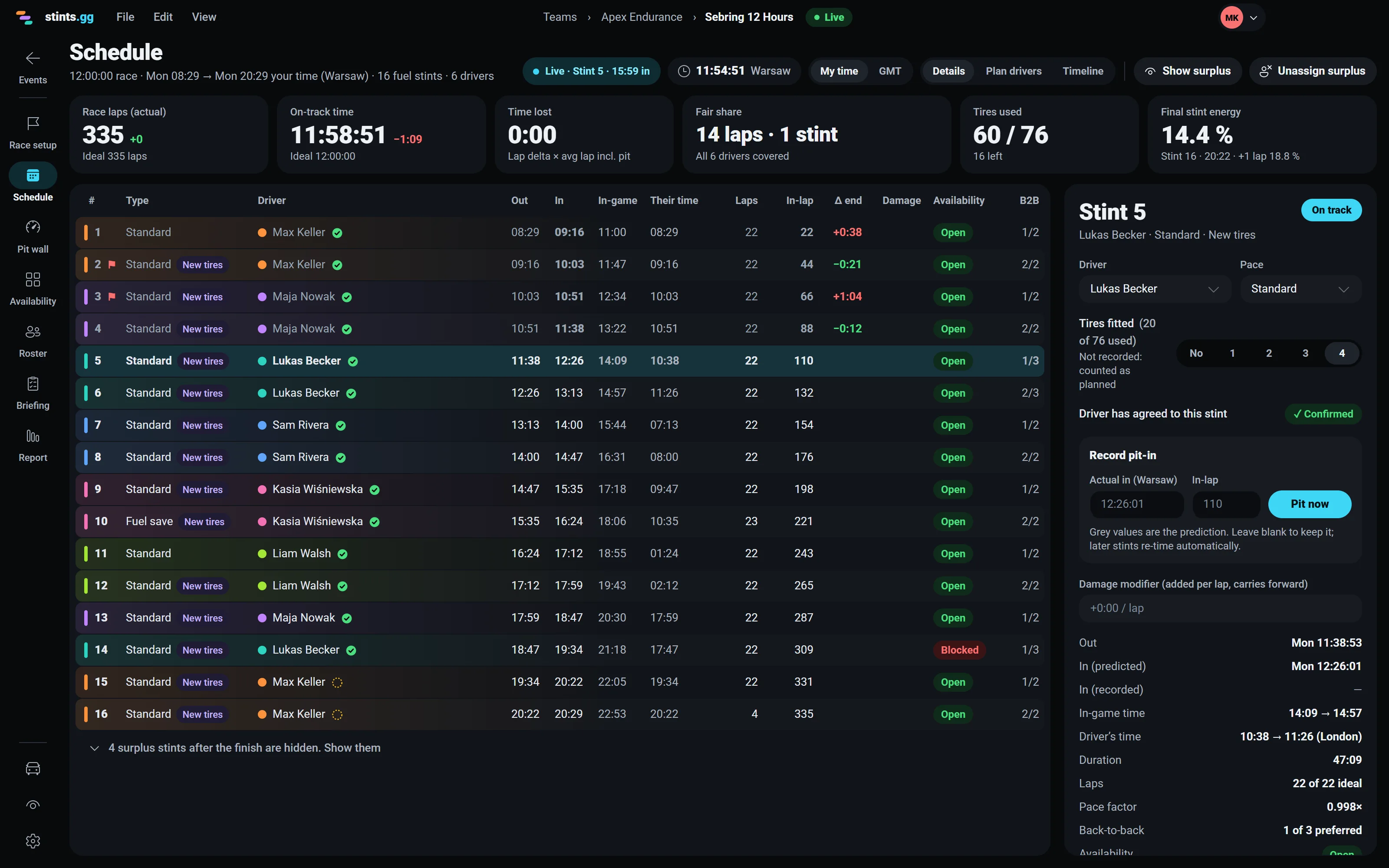 The Schedule in Details mode: 16 Virtual Energy stints at Sebring with driver, confirmation, out and in times, in-game time, the driver's own time, laps, in-lap, the difference to the prediction and availability; stint 5 is on track and the side panel records its pit-in.